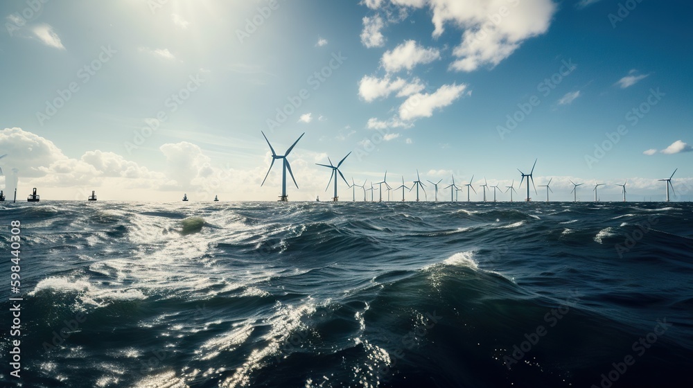 Offshore Windmill farm in the ocean, windmills isolated at sea on a sunny day. Generative AI