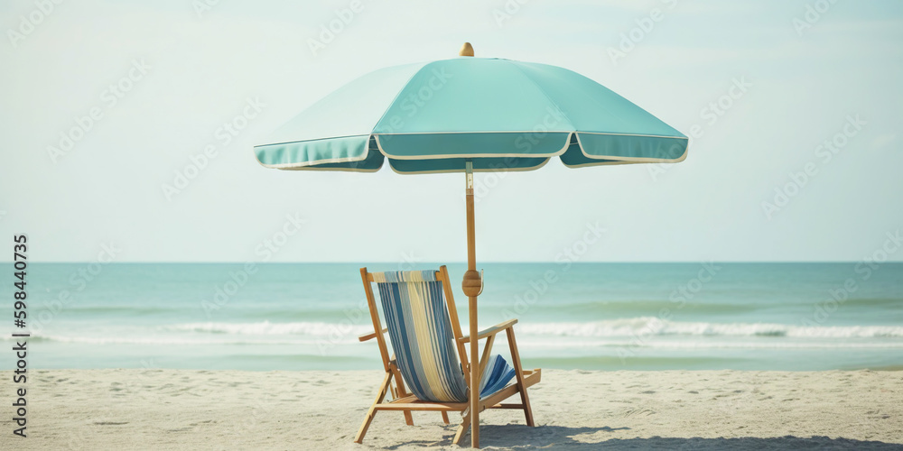 Beach chair and umbrella on beautiful beach. Travel paradise concept. Generative AI