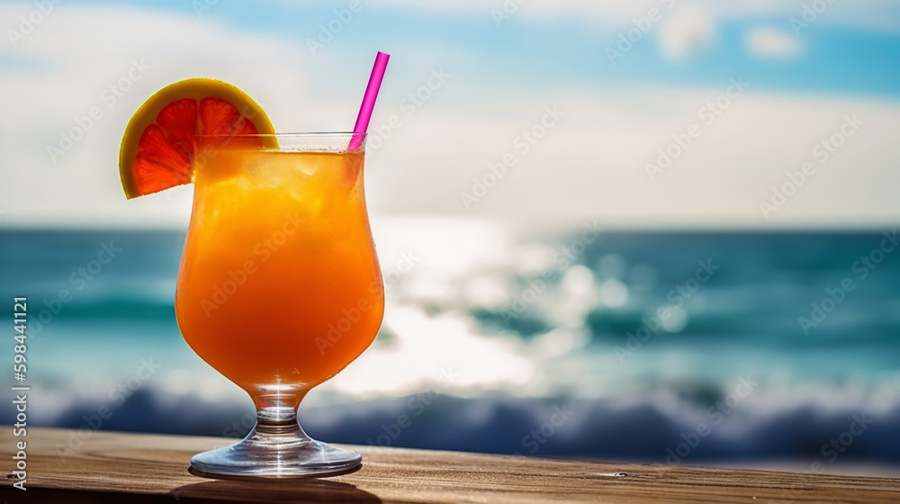 Bahama Mama cocktail on background with blue sea and sky tropical background. Generative AI