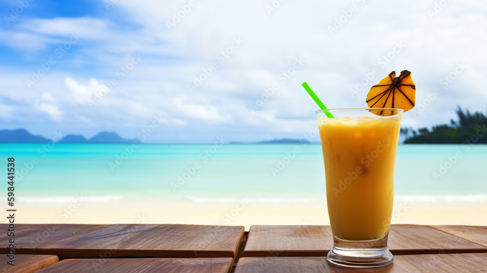 Dirty Banana cocktail on background with blue sea and sky tropical background. Generative AI