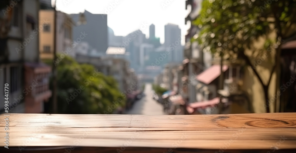 Wood table mockup with Macau city street in shallow depth of field. Copy space for product. Generati