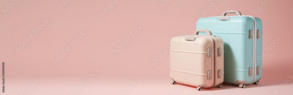 Pastel colored scene with travel suitcases, on uniform background. Trip concept. Generative AI