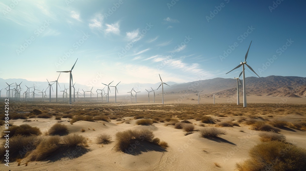 Wind turbines in the desert. Renewable energy concept with sand dunes. Generative AI