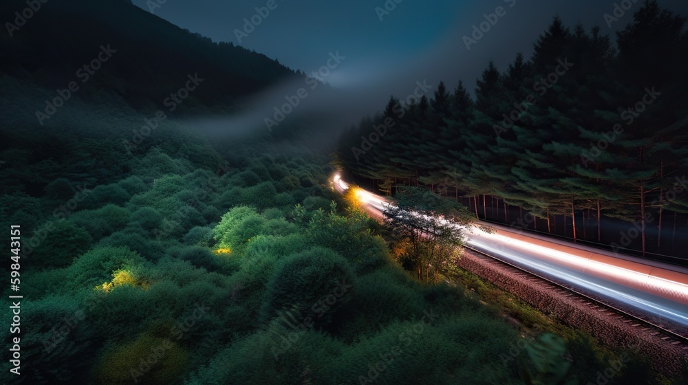 Speed passenger train moving in the night mountains covered with forest. Generative AI