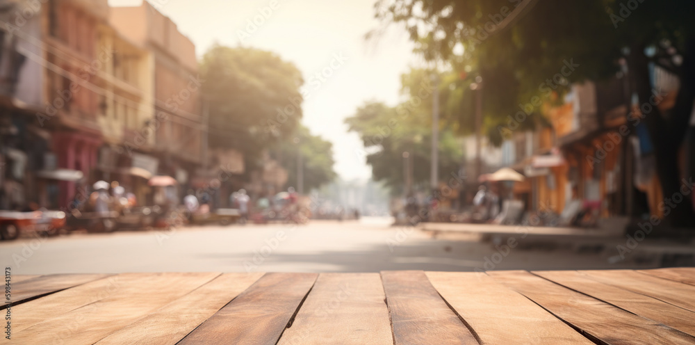 Wood table mockup with Delhi city street in shallow depth of field. Copy space for product. Generati