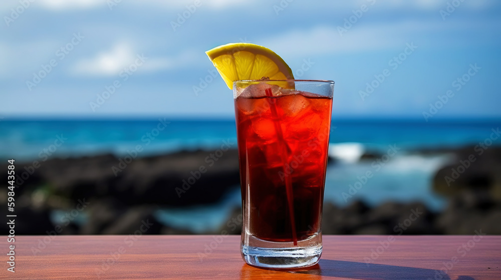 Lava flow cocktail on background with blue sea and sky tropical background. Generative AI