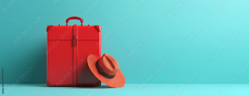 Red travel suitcase with straw hat, on blue background. Trip concept. Generative AI