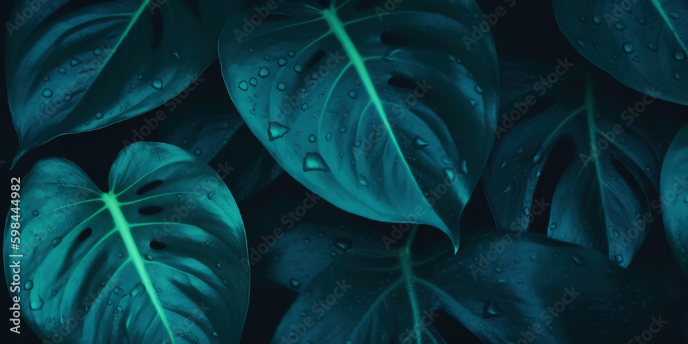 closeup nature view of green leaf and palms background. Flat lay, dark nature concept, tropical leaf