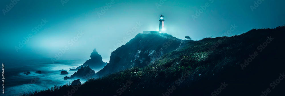 Lighthouse on a cliff edge in stormy and misty weather. Night landscape. Generative AI