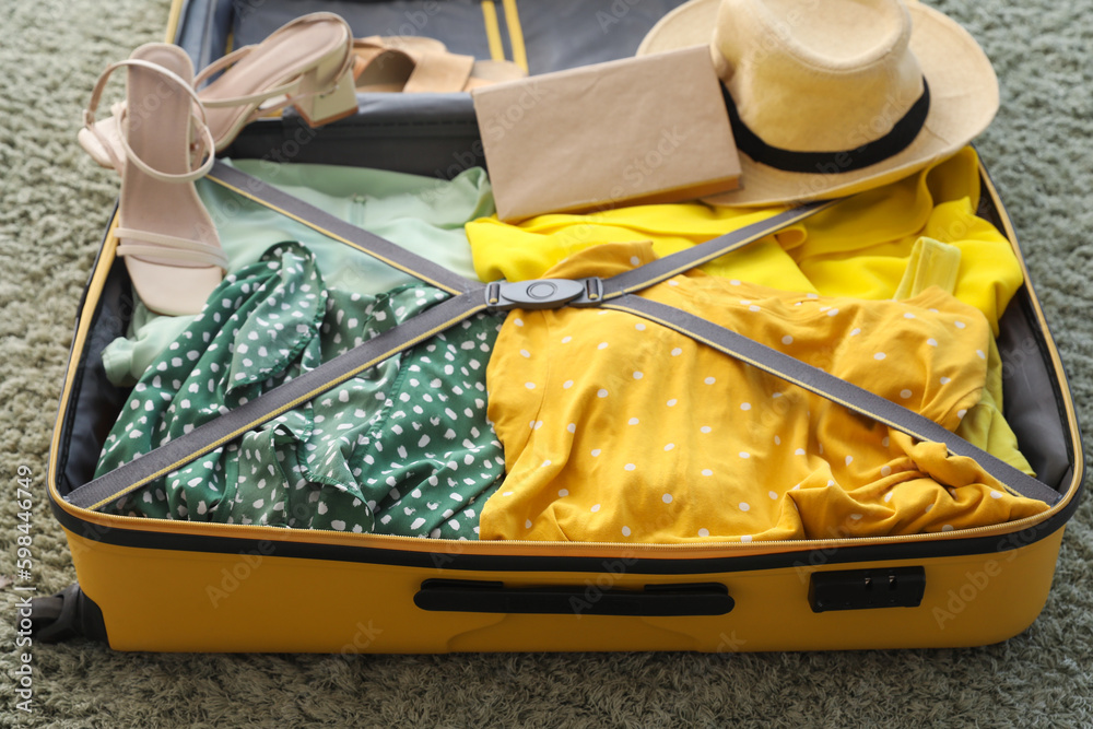 Open suitcase with female clothes on green carpet