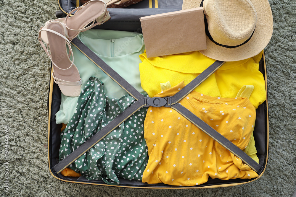 Open suitcase with female clothes on green carpet