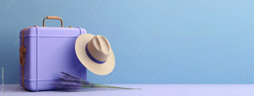 Lavender travel suitcase with hat and lavender flowers, on uniform background. Trip concept. Generat