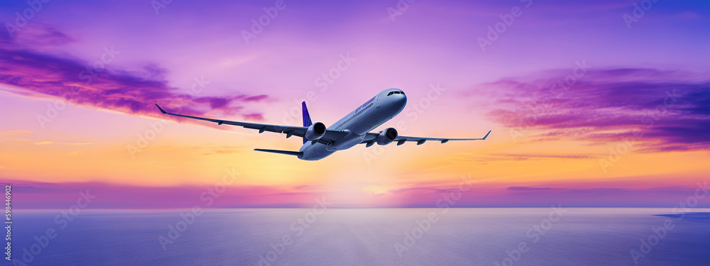 Passengers commercial airplane flying above sea surface on colorful paradise sunset. Airliner in fli