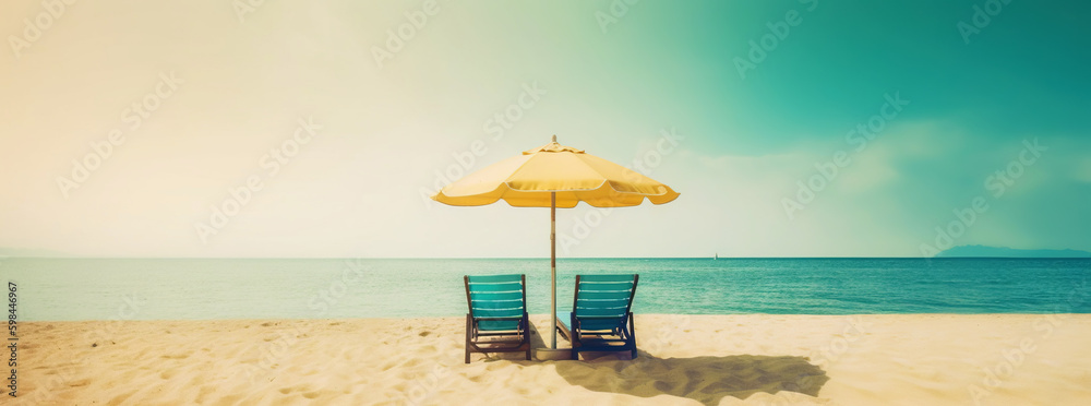 Beach chair and umbrella on beautiful beach. Travel paradise concept. Generative AI