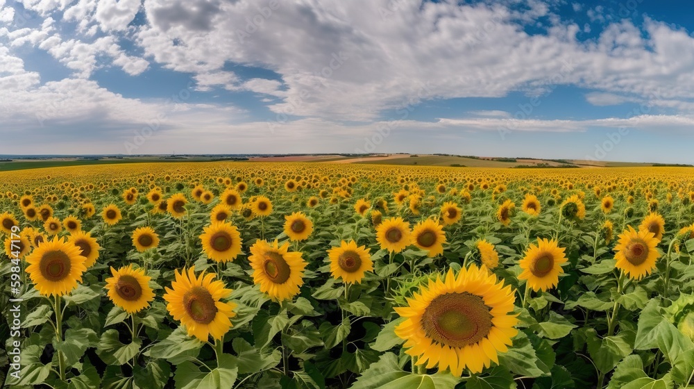 Panoramic field of sunflowers with blue sky on sunny day. Generative AI