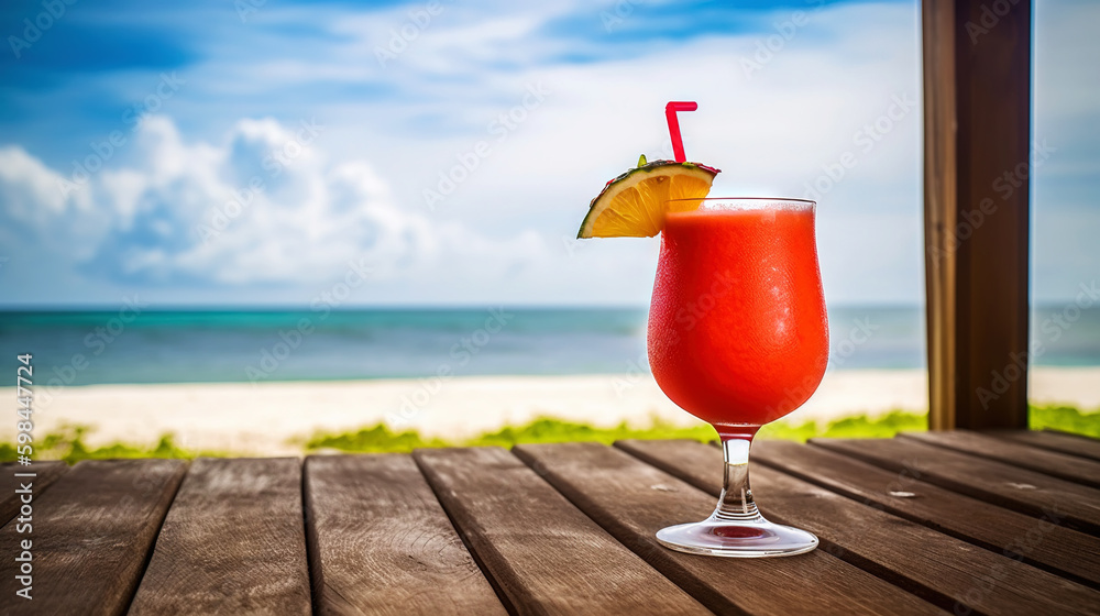 Strawberry Daiquiri cocktail on background with blue sea and sky tropical background. Generative AI