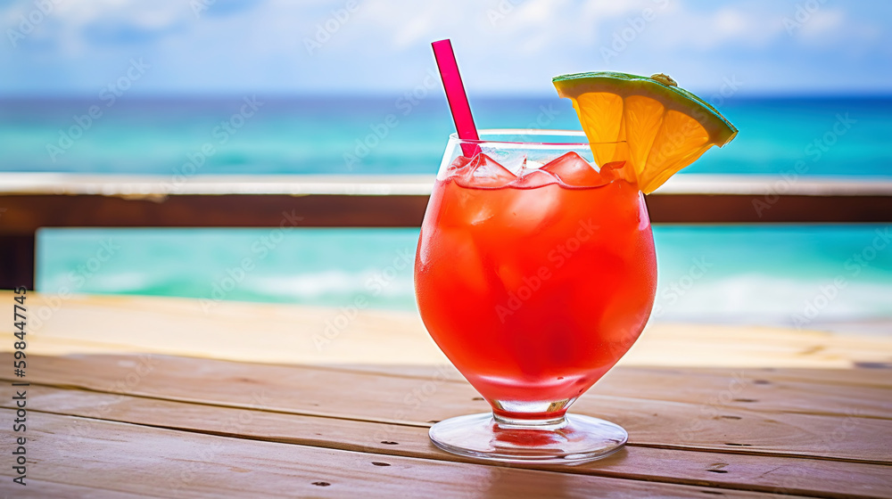 Bahama Mama cocktail on background with blue sea and sky tropical background. Generative AI