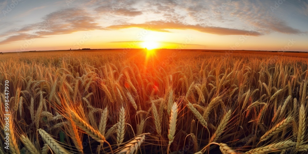 Panoramic view on field of golden ripe wheat on sunset. Generative AI