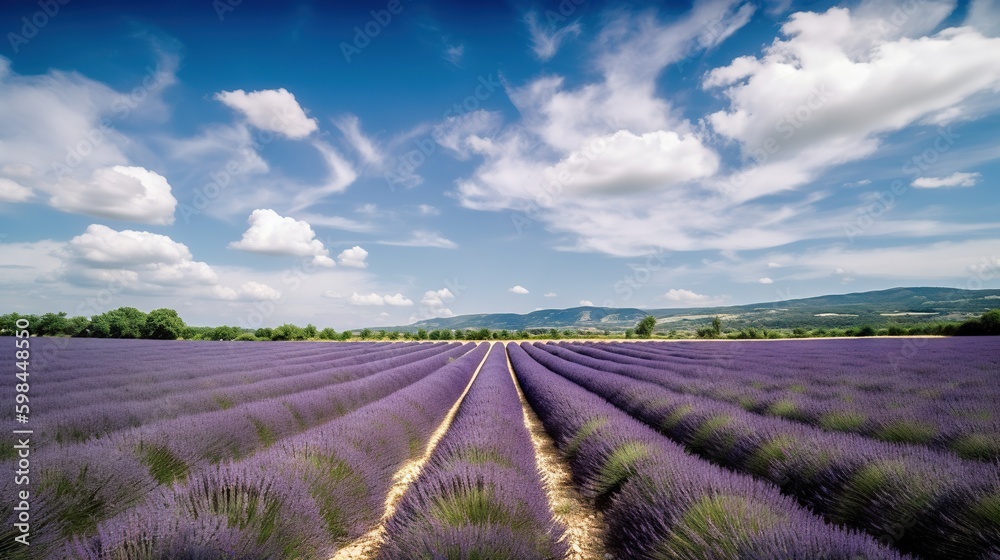 Stunning landscape with lavender field on sunny day. Generative AI