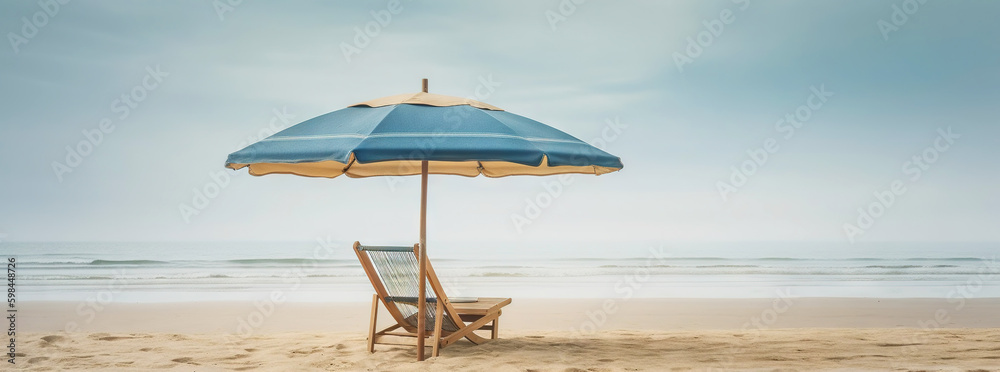 Beach chair and umbrella on beautiful beach. Travel paradise concept. Generative AI