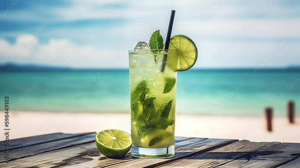 Classic Mojito cocktail on background with blue sea and sky tropical background. Generative AI