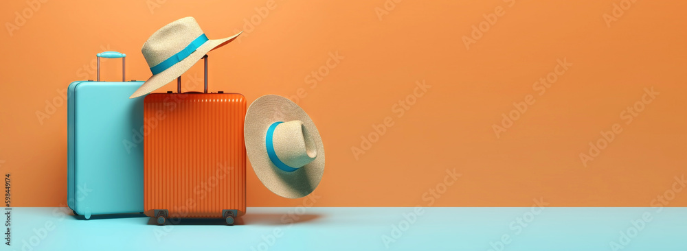 Orange travel suitcase with straw hat, on blue background. Trip concept. Generative AI