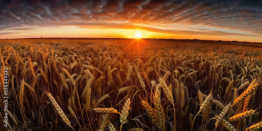 Panoramic view on field of golden ripe wheat on sunset. Generative AI