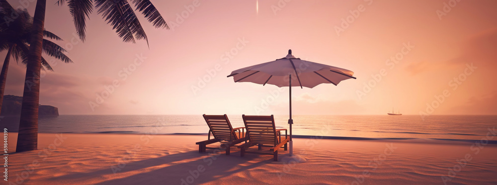 Two beach chair and umbrella on beautiful beach on sunset. Travel paradise concept. Generative AI