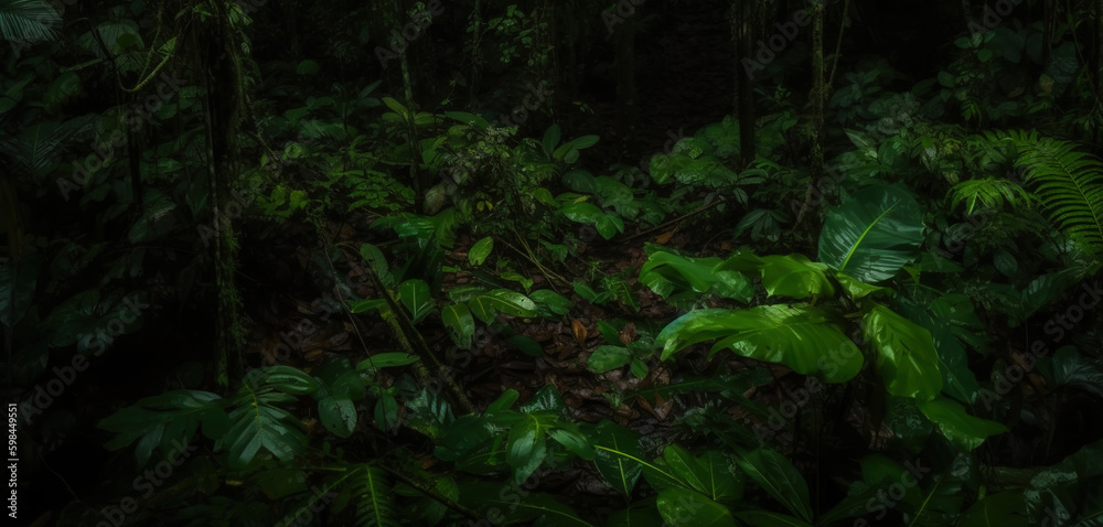 Deep tropical jungles. Dense forest landscape. Generative AI