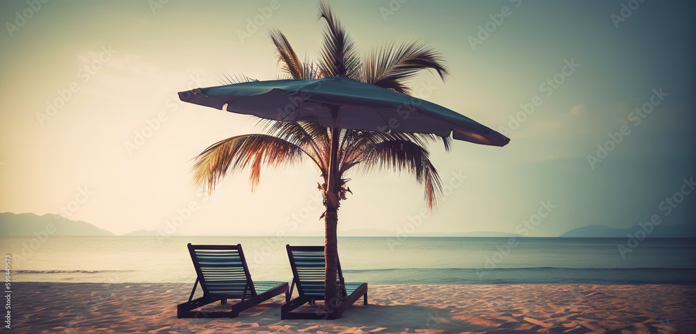 Two beach chair on beautiful tropical beach. Travel paradise concept. Generative AI