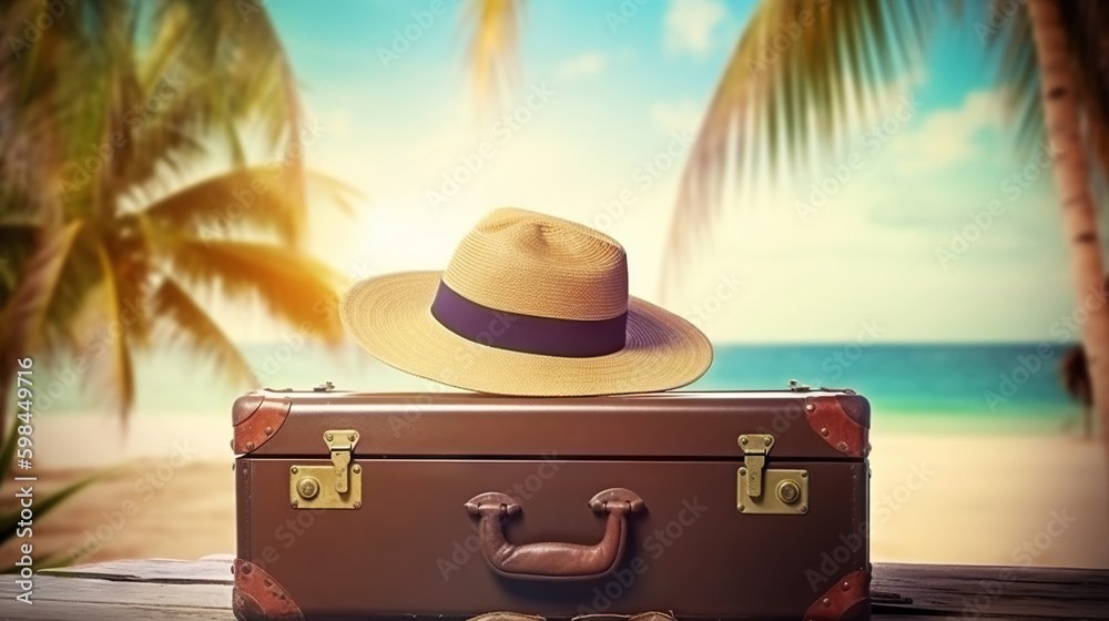 Suitcase with accessories on the sand with a sea background. Travel concept. Generative AI