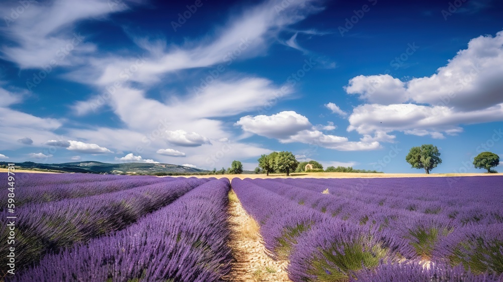 Stunning landscape with lavender field on sunny day. Generative AI