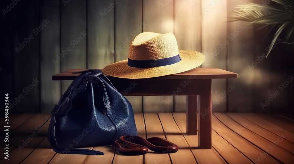 Hat and accessories on a wooden background. Travel concept. Generative AI