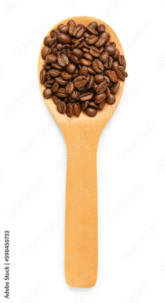 Wooden spoon with coffee beans isolated on white background