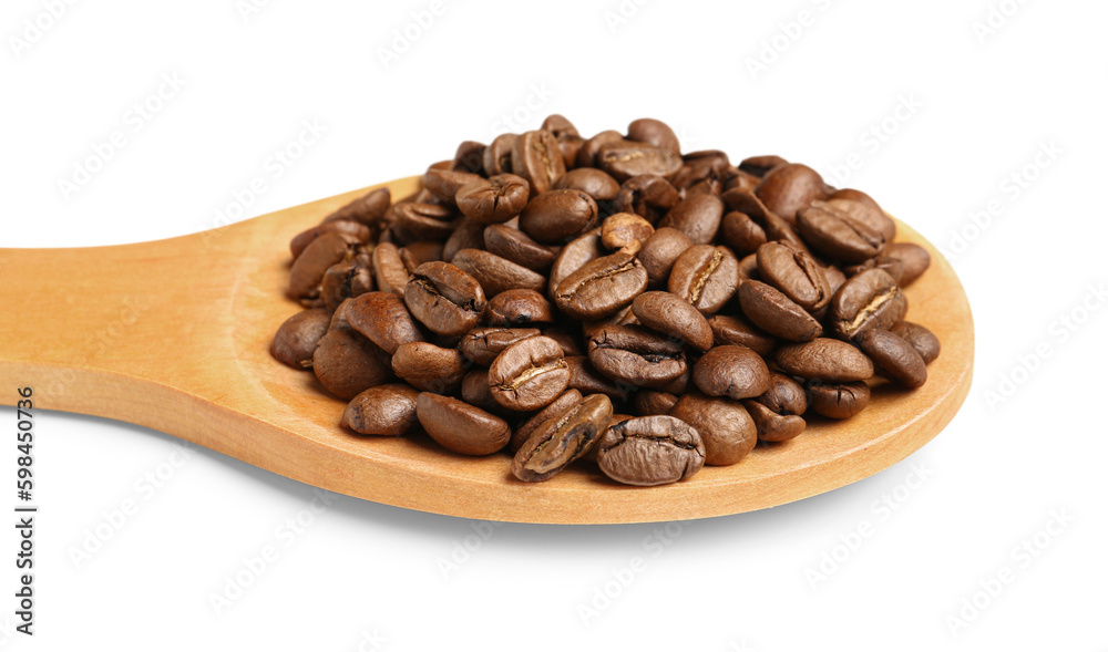 Wooden spoon with coffee beans isolated on white background