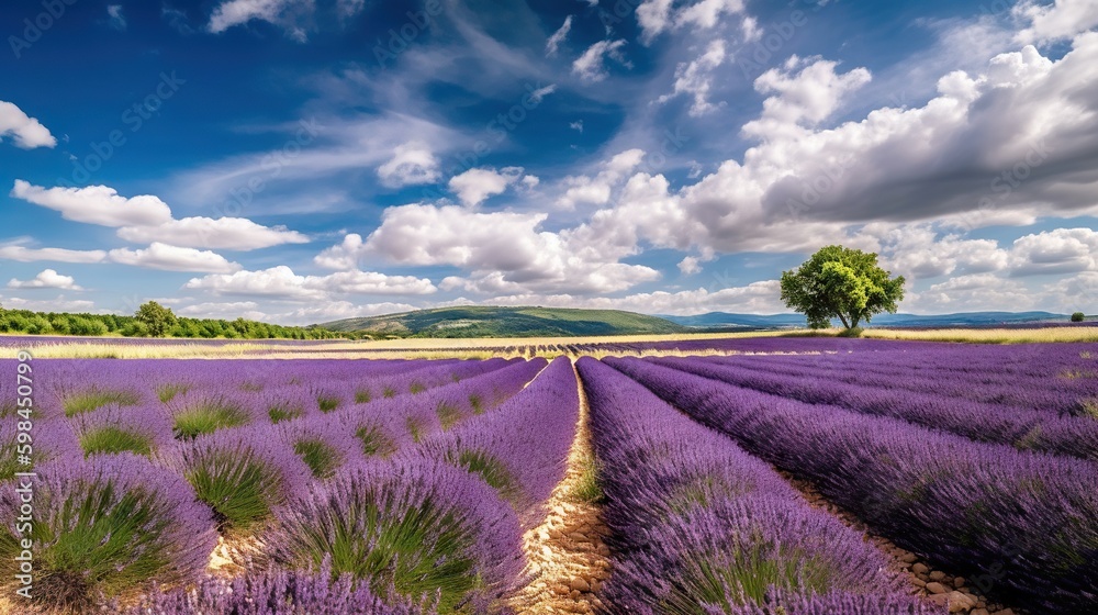 Stunning landscape with lavender field on sunny day. Generative AI