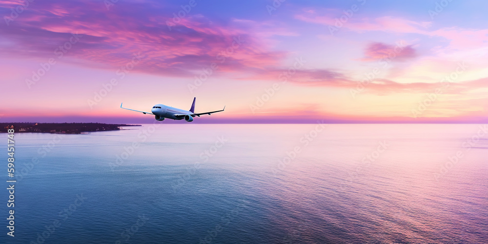 Passengers commercial airplane flying above sea surface on colorful paradise sunset. Airliner in fli