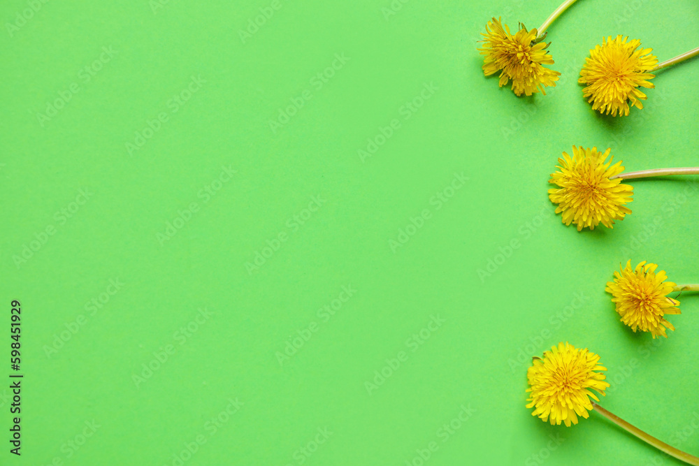 Bright yellow dandelions on green background