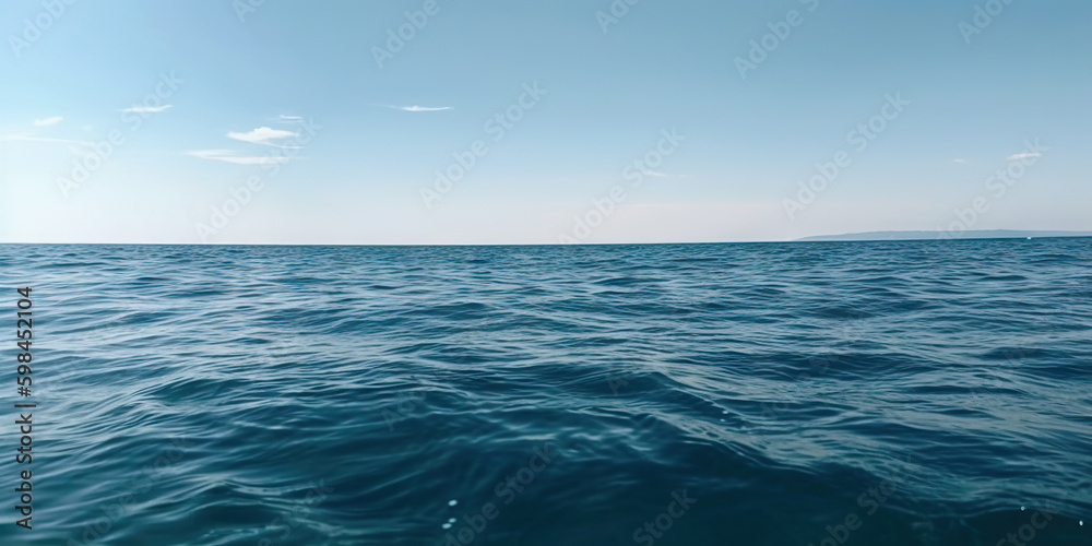 Panorama landscape of empty blue sea and sky blue background. Generative AI