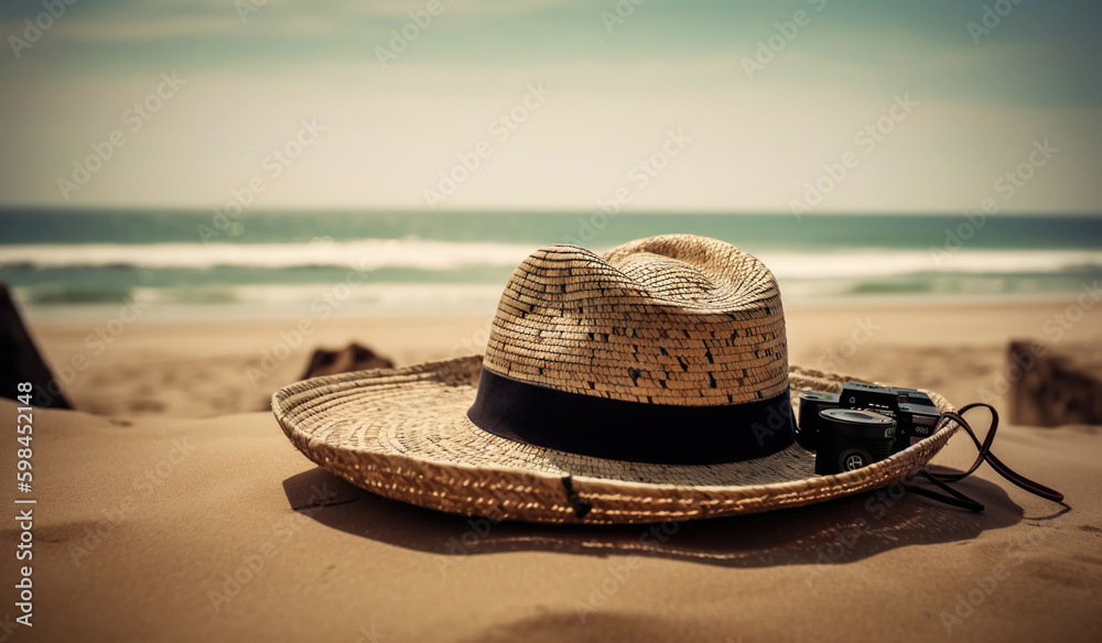 Hat on the sand with a sea background. Travel concept. Generative AI