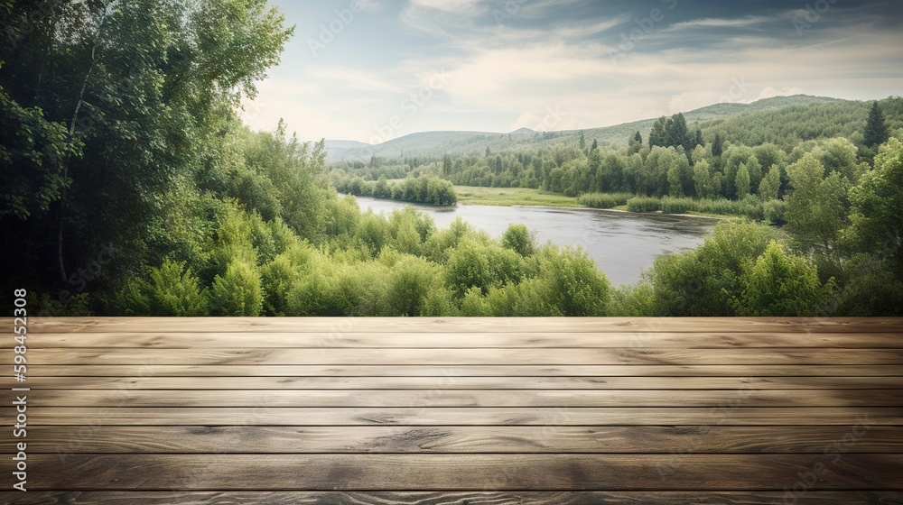 Wood table mockup with river in forest on background. Empty copy space for product presentation. Gen