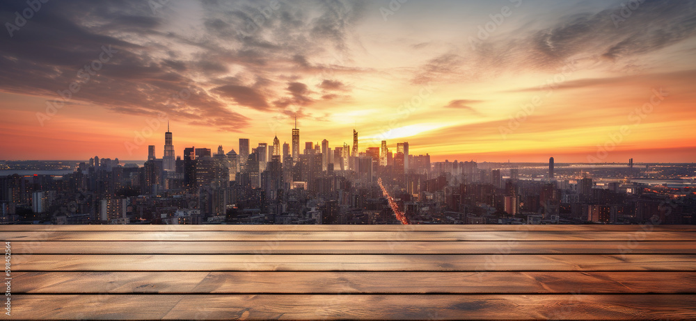 Wood table mockup with big city cityscape on background. Empty copy space for product presentation. 