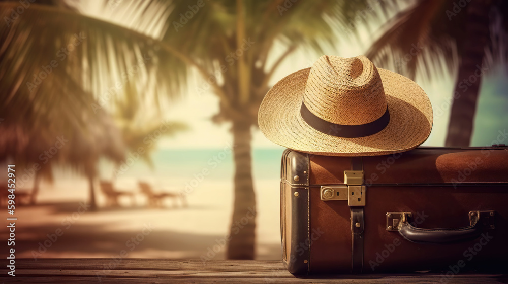 Suitcase, hat and accessories on the wooden floor with a sea background. Travel concept. Generative 