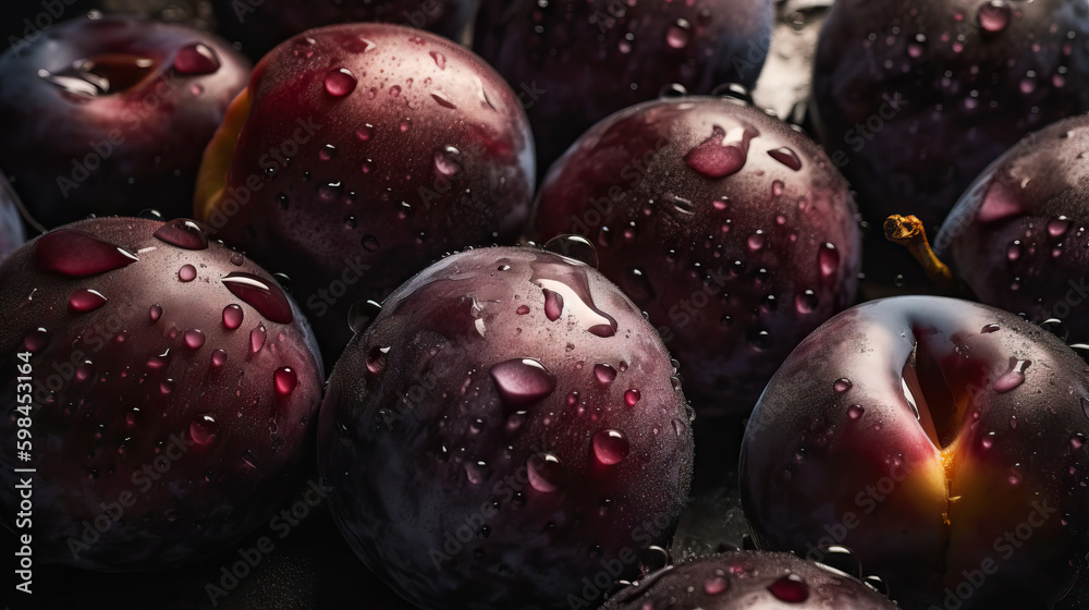 Fresh ripe plums with water drops background. Fruits backdrop. Generative AI