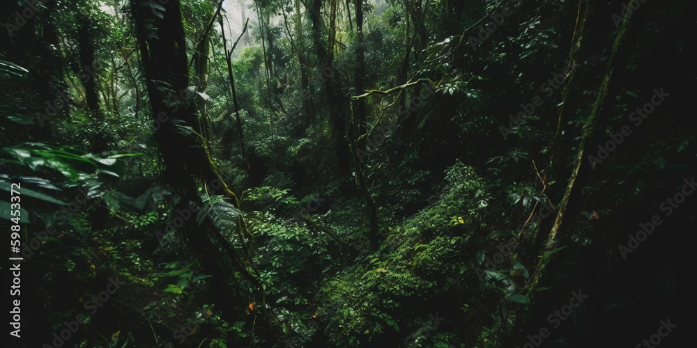 Deep tropical jungles. Dense forest landscape. Generative AI