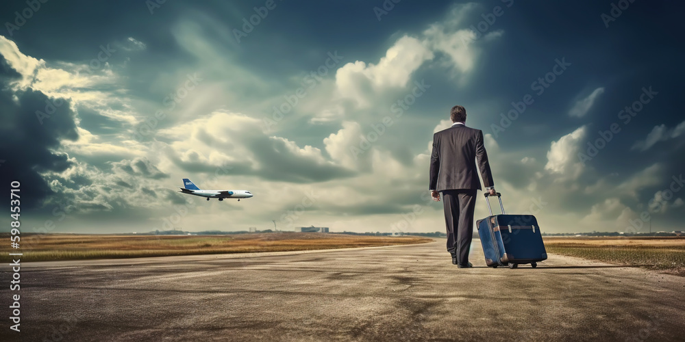 Passenger walking with suitcase on airfield runway. Trip, travel concept. Generative AI