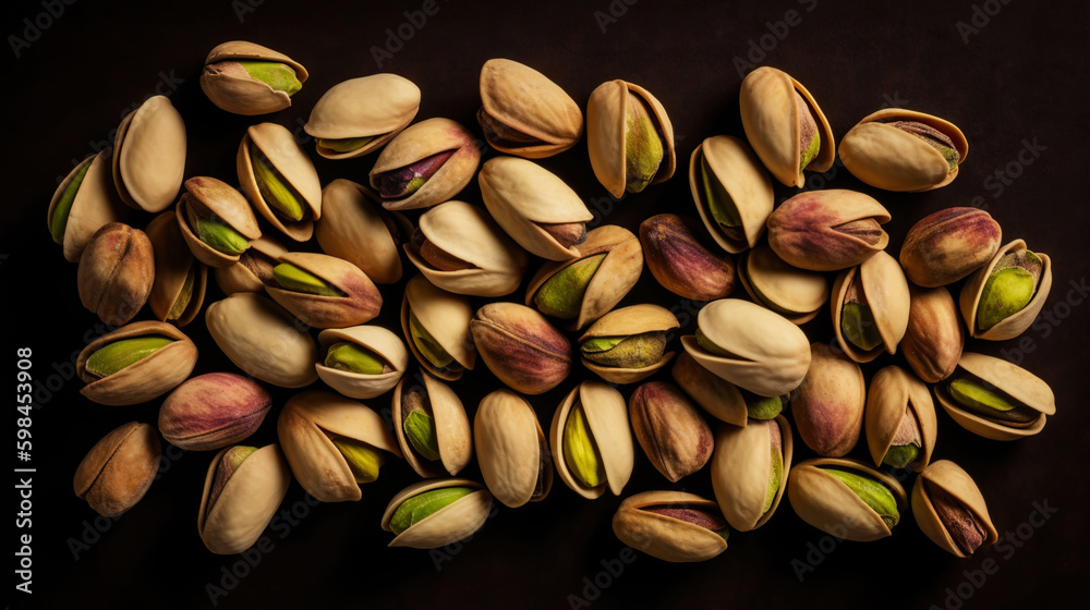 Pistachio background. Nuts. Green fresh inshell pistachios. Generative AI