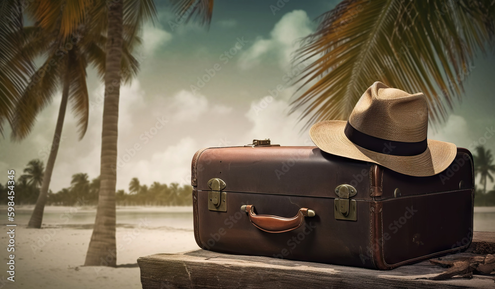 Suitcase, hat and accessories on the wooden floor with a sea background. Travel concept. Generative 