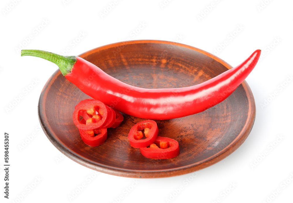 Plate with fresh chili peppers on white background