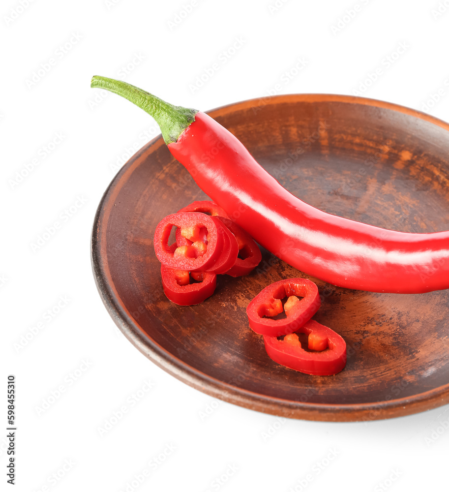 Plate with fresh chili peppers on white background